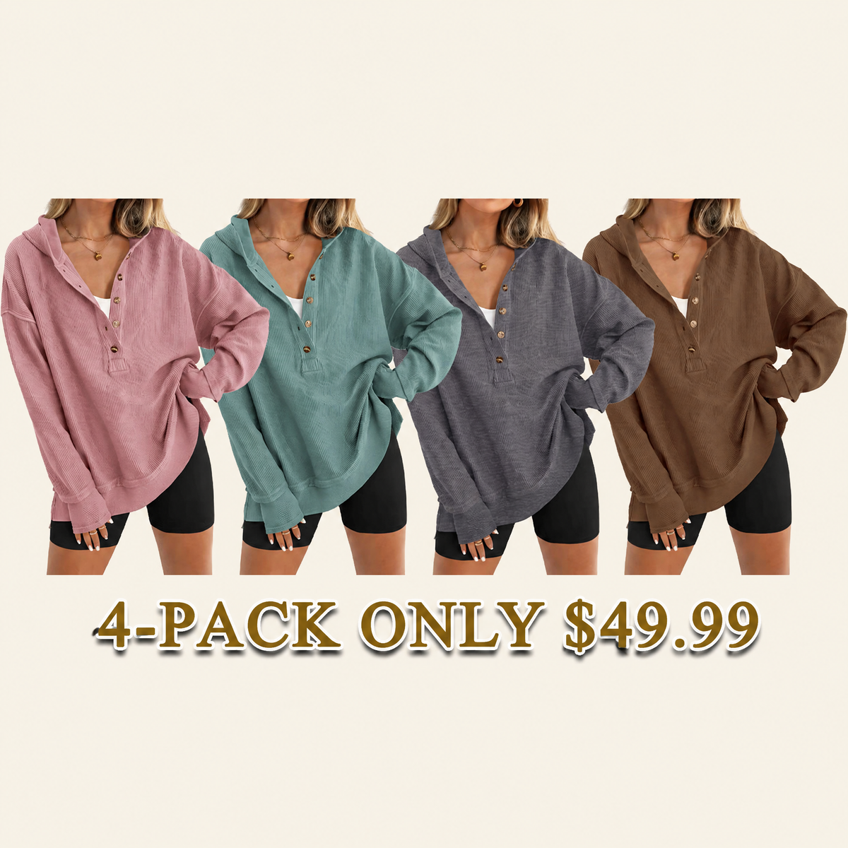 Women’s Oversized V-Neck Hoodie – Relaxed Button Pullover with Side Slits