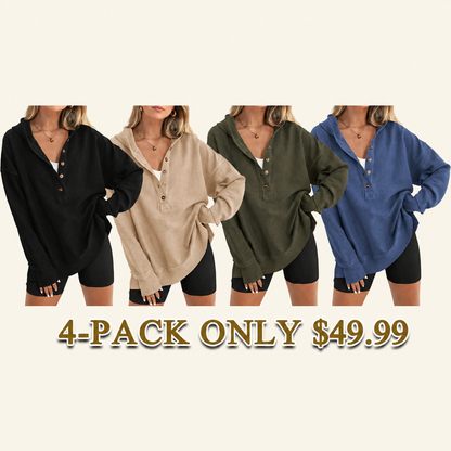 Women’s Oversized V-Neck Hoodie – Relaxed Button Pullover with Side Slits