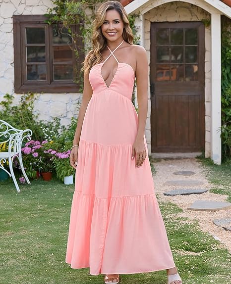 Maxi Beach Dress Boho Halter V Neck Backless Bow Dresses Flowy Trendy Ruffle Sundress for Women 2025