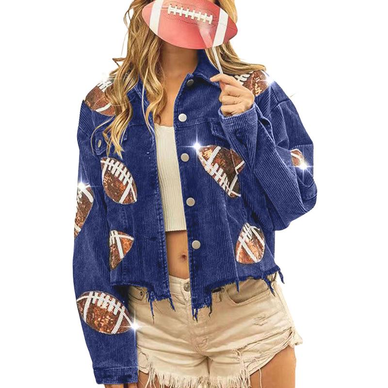 Women's Game Day Corduroy Sequin Football Cropped Jacket Rugby Oversized Lapel Button Down Shirt Shacket Coat