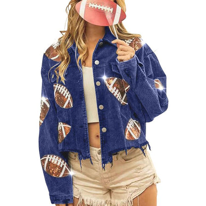 Women's Game Day Corduroy Sequin Football Cropped Jacket Rugby Oversized Lapel Button Down Shirt Shacket Coat