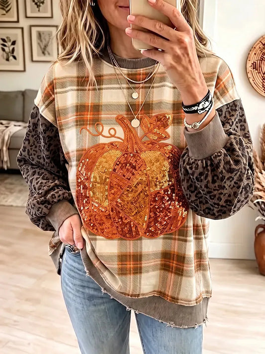 Vintage Elegant Pumpkin Color-blocked Leopard Print Sweatshirt