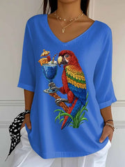 Women's Retro Parrot Margarita Print Mid Sleeve T-Shirt
