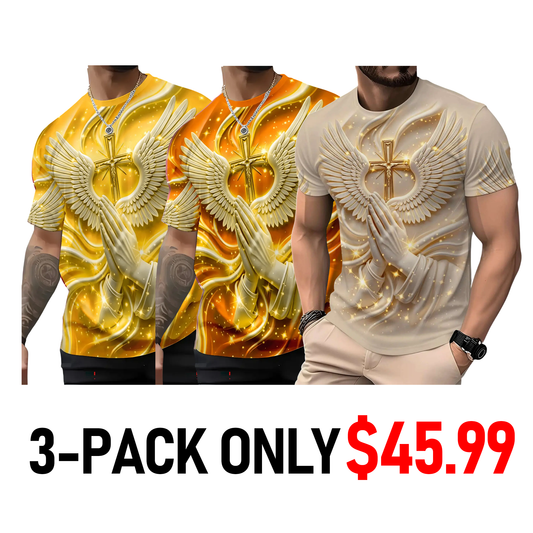 Men's Religious Prayer Angel Wings Cross 3D High Definition Graphic Print T-Shirt