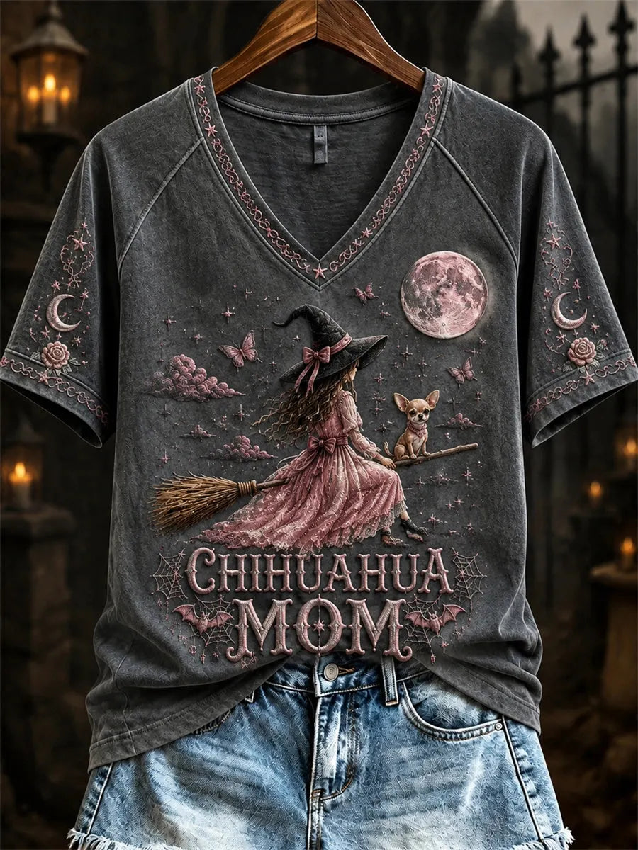 Women's Chihuahua Mom Flying Witch Graphic T-Shirt