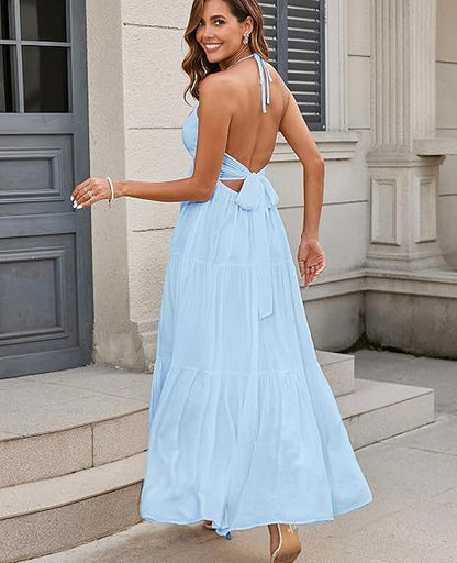 Maxi Beach Dress Boho Halter V Neck Backless Bow Dresses Flowy Trendy Ruffle Sundress for Women 2025