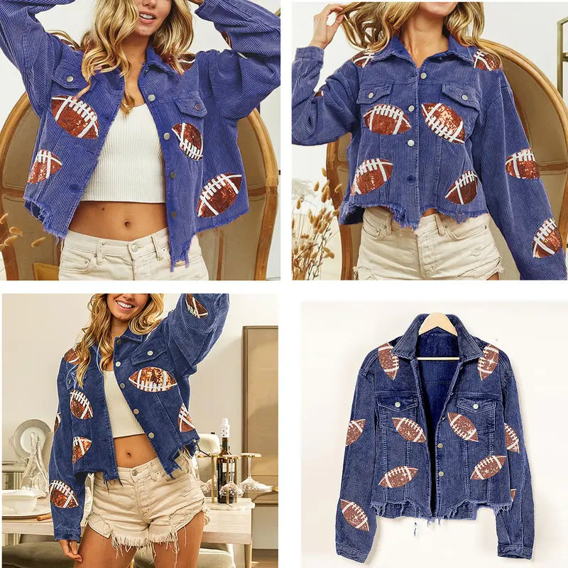 Women's Game Day Corduroy Sequin Football Cropped Jacket Rugby Oversized Lapel Button Down Shirt Shacket Coat