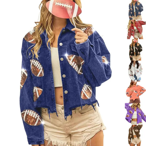 Women's Game Day Corduroy Sequin Football Cropped Jacket Rugby Oversized Lapel Button Down Shirt Shacket Coat