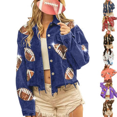 Women's Game Day Corduroy Sequin Football Cropped Jacket Rugby Oversized Lapel Button Down Shirt Shacket Coat