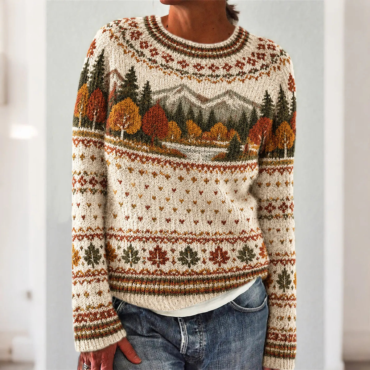 Women's Autumn Landscape Pattern Design Leisure Cozy Knit Sweater