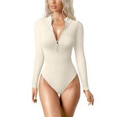 Bodysuits Sexy Ribbed One Piece Zip Front Long Sleeve Tops Bodysuits