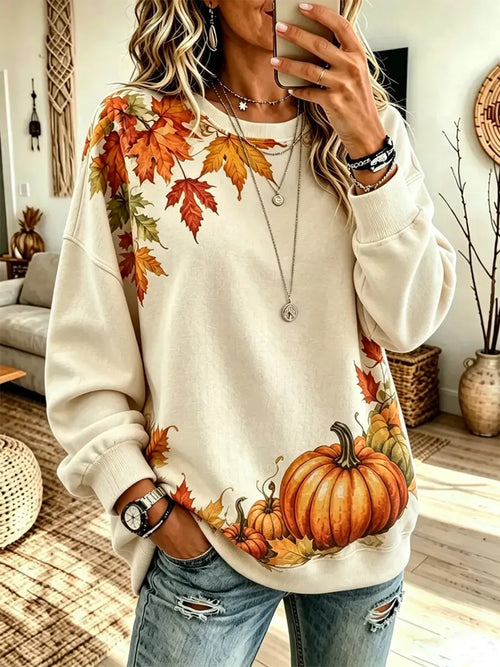Retro Maple Pumpkin Pattern Art Print Casual Long Sleeve Sweatshirt