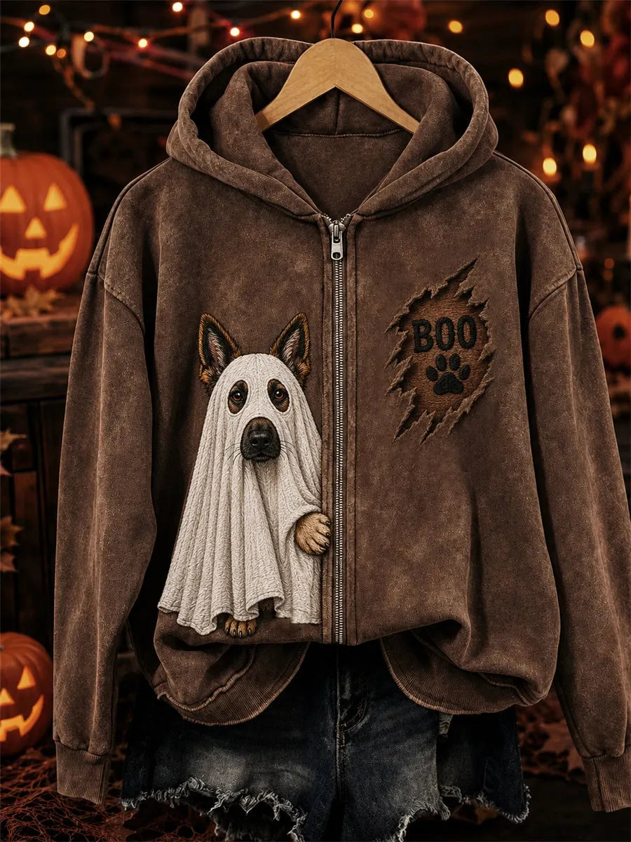 Women's Ghost Dog Distressed Full-Zip Hoodie