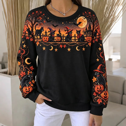 Women's Halloween Black Cat And Pumpkin Art Print Crewneck Sweatshirt