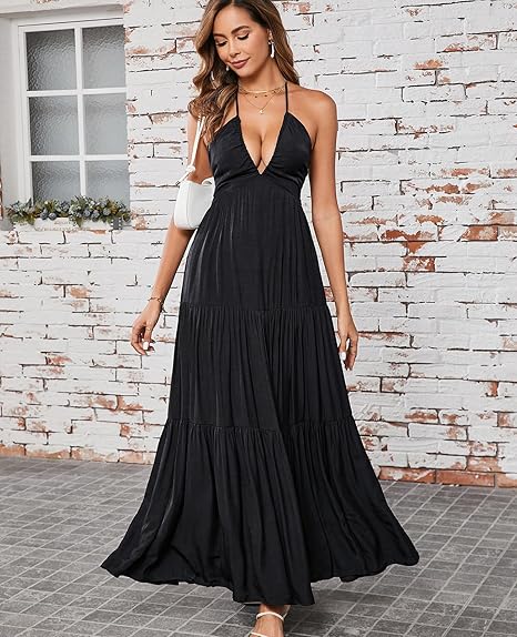 Maxi Beach Dress Boho Halter V Neck Backless Bow Dresses Flowy Trendy Ruffle Sundress for Women 2025