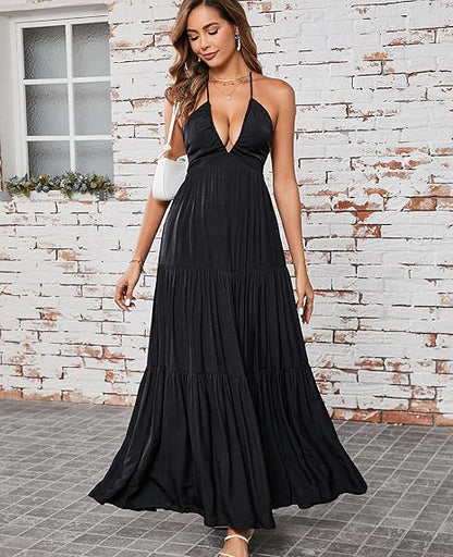 Maxi Beach Dress Boho Halter V Neck Backless Bow Dresses Flowy Trendy Ruffle Sundress for Women 2025