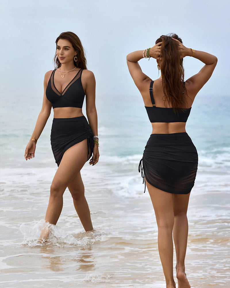Mesh High Waisted Tummy Control Sarong Wraps Bikini Set