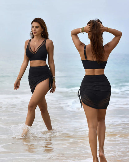 Mesh High Waisted Tummy Control Sarong Wraps Bikini Set