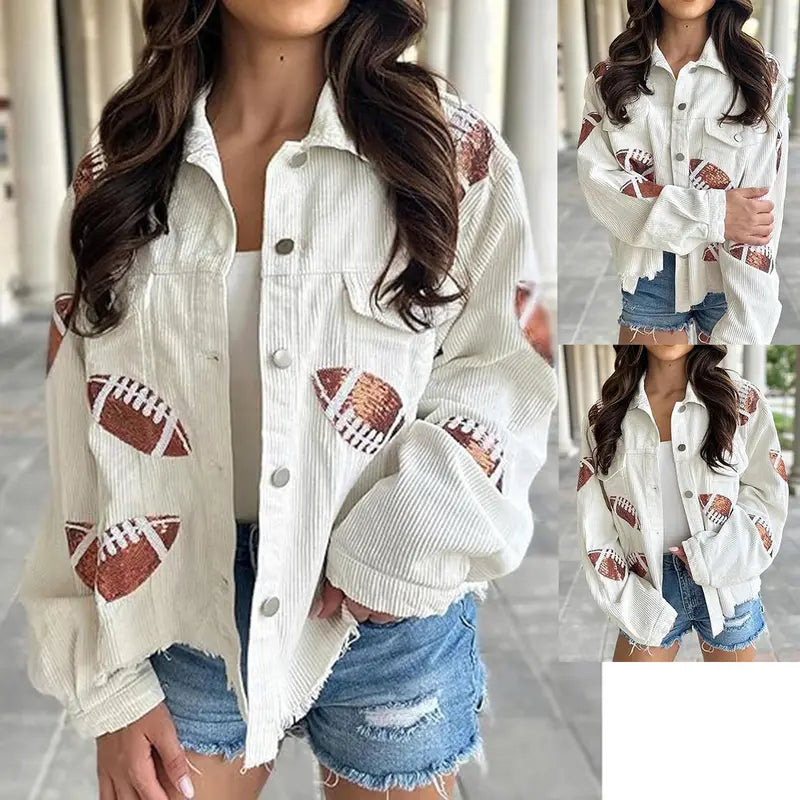 Women's Game Day Corduroy Sequin Football Cropped Jacket Rugby Oversized Lapel Button Down Shirt Shacket Coat