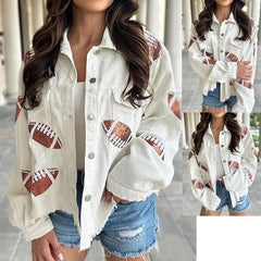 Women's Game Day Corduroy Sequin Football Cropped Jacket Rugby Oversized Lapel Button Down Shirt Shacket Coat