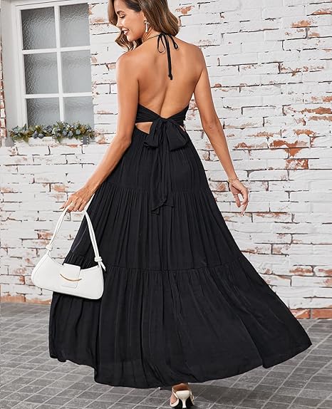 Maxi Beach Dress Boho Halter V Neck Backless Bow Dresses Flowy Trendy Ruffle Sundress for Women 2025