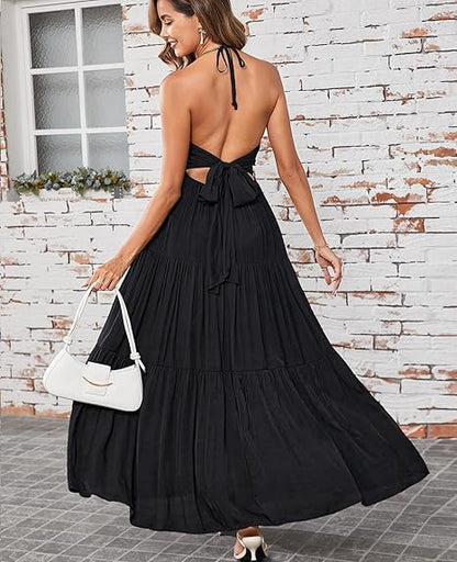 Maxi Beach Dress Boho Halter V Neck Backless Bow Dresses Flowy Trendy Ruffle Sundress for Women 2025