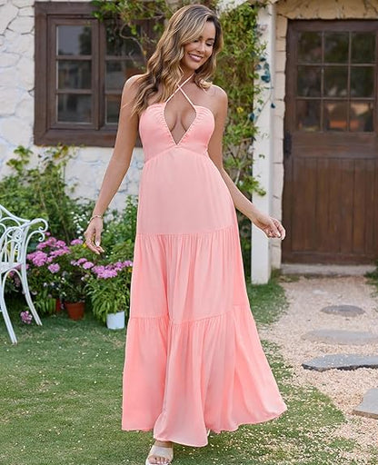 Maxi Beach Dress Boho Halter V Neck Backless Bow Dresses Flowy Trendy Ruffle Sundress for Women 2025