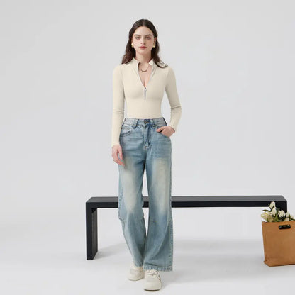 Bodysuits Sexy Ribbed One Piece Zip Front Long Sleeve Tops Bodysuits