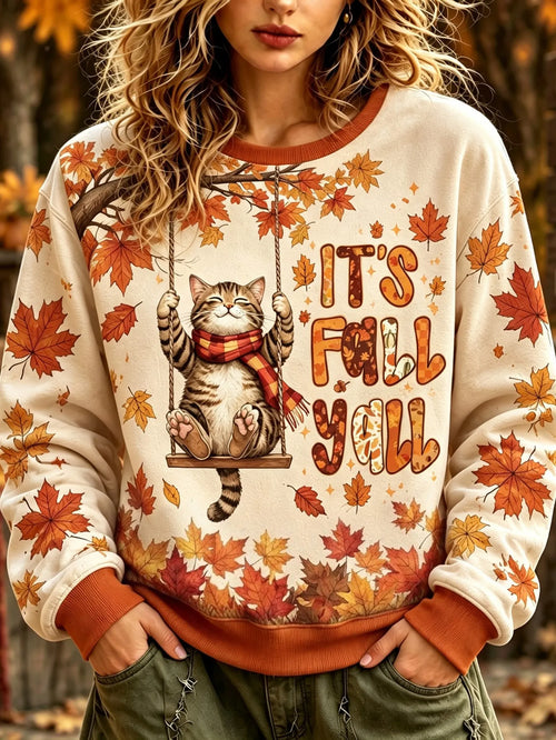 Women's Cat And Maple Leaf Print Sweatshirt