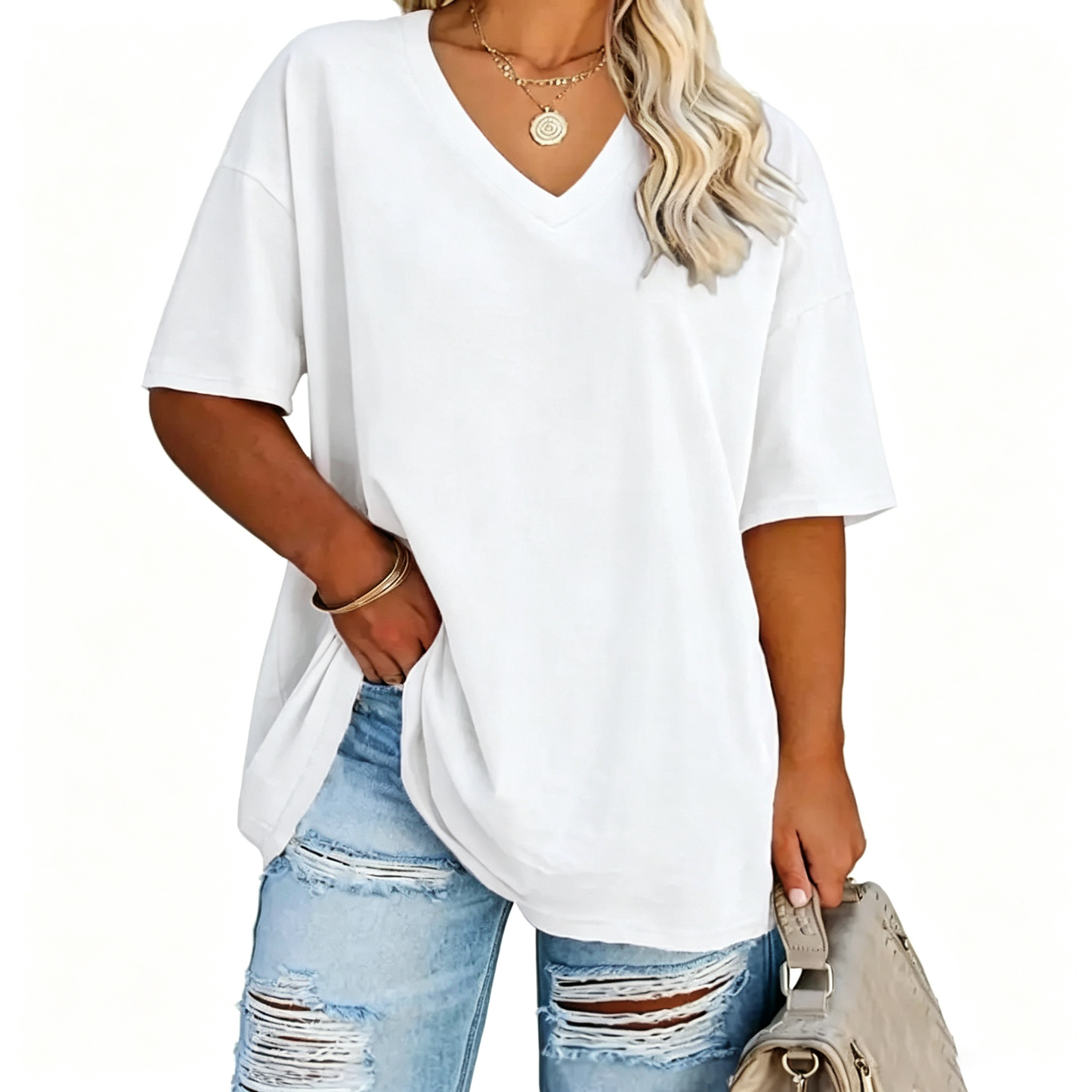 Women's Plus Size V-Neck Tunic Top – Soft Cotton Relaxed Fit Casual Tee, Flattering & Comfortable Everyday Shirt