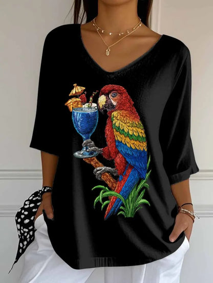 Women's Retro Parrot Margarita Print Mid Sleeve T-Shirt