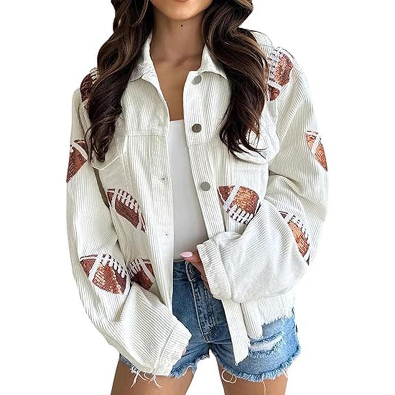 Women's Game Day Corduroy Sequin Football Cropped Jacket Rugby Oversized Lapel Button Down Shirt Shacket Coat
