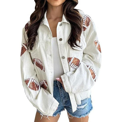 Women's Game Day Corduroy Sequin Football Cropped Jacket Rugby Oversized Lapel Button Down Shirt Shacket Coat