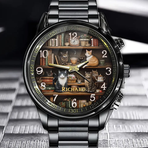 Personalized Vintage Cat and Bookshelf Watch - Add Your Name for a Unique and Cozy Touch