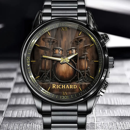 Personalized Rustic Drum Set Watch - Add Your Name to the Heartbeat of Music