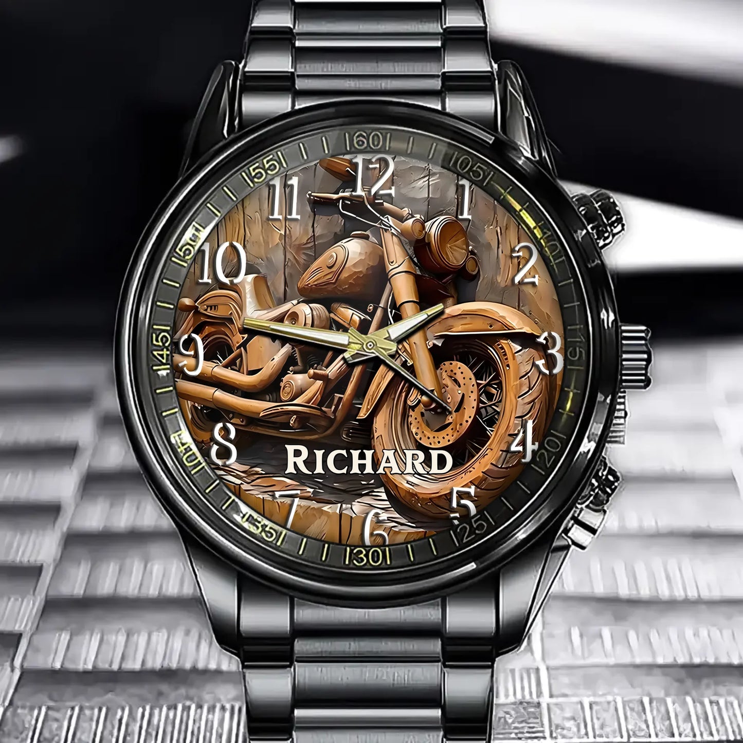 Personalized Woodgrain Vintage Cruiser Motorcycle Watch