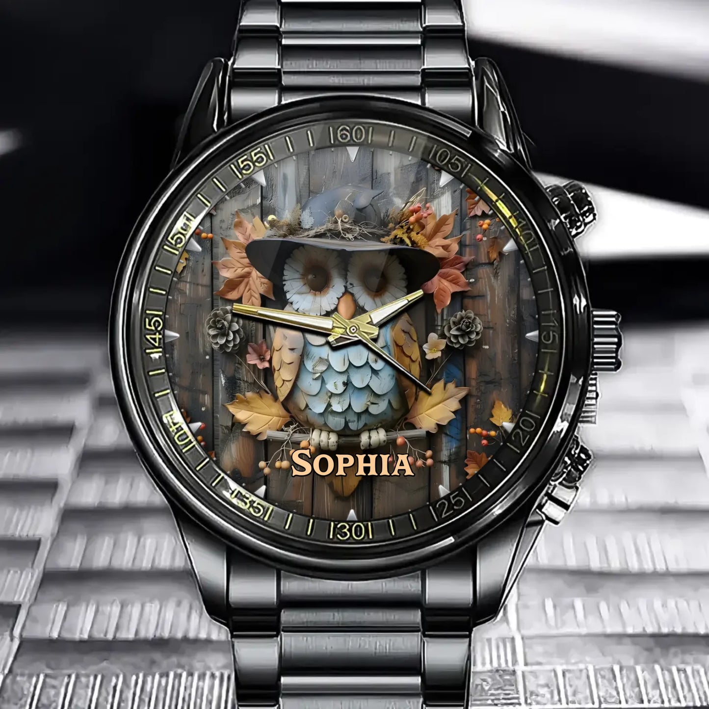 Personalized Owl Watch for Women – Custom Name Rustic Forest Animal Dial