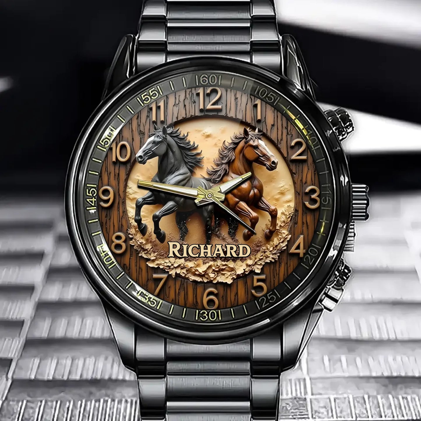 Personalized Galloping Horses Watch – Rustic Charm with Custom Name