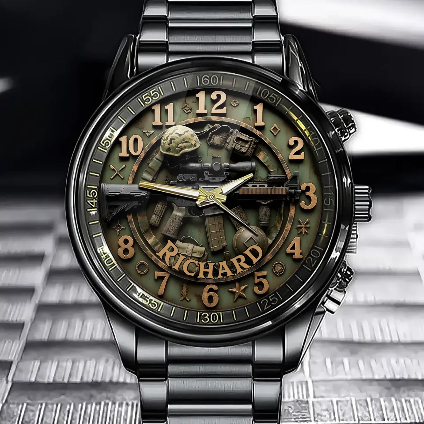 Personalized Military Watch - Custom Face with Guns & Gear, Standout Tactical Design