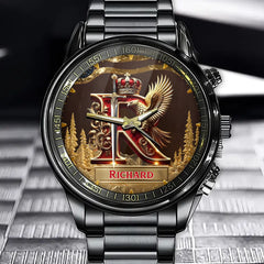 Personalized Engraved A Monogram Watch with Royal Elements - Custom Watch with Sword & Eagle Design