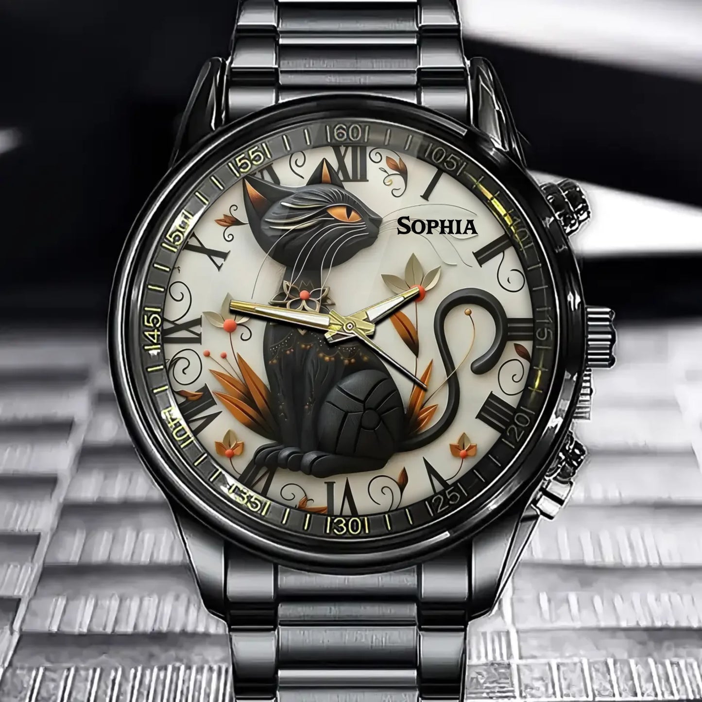 Personalized Vintage Embossed Black Cat Watch - With Roman Numeral Dial & Floral Accents