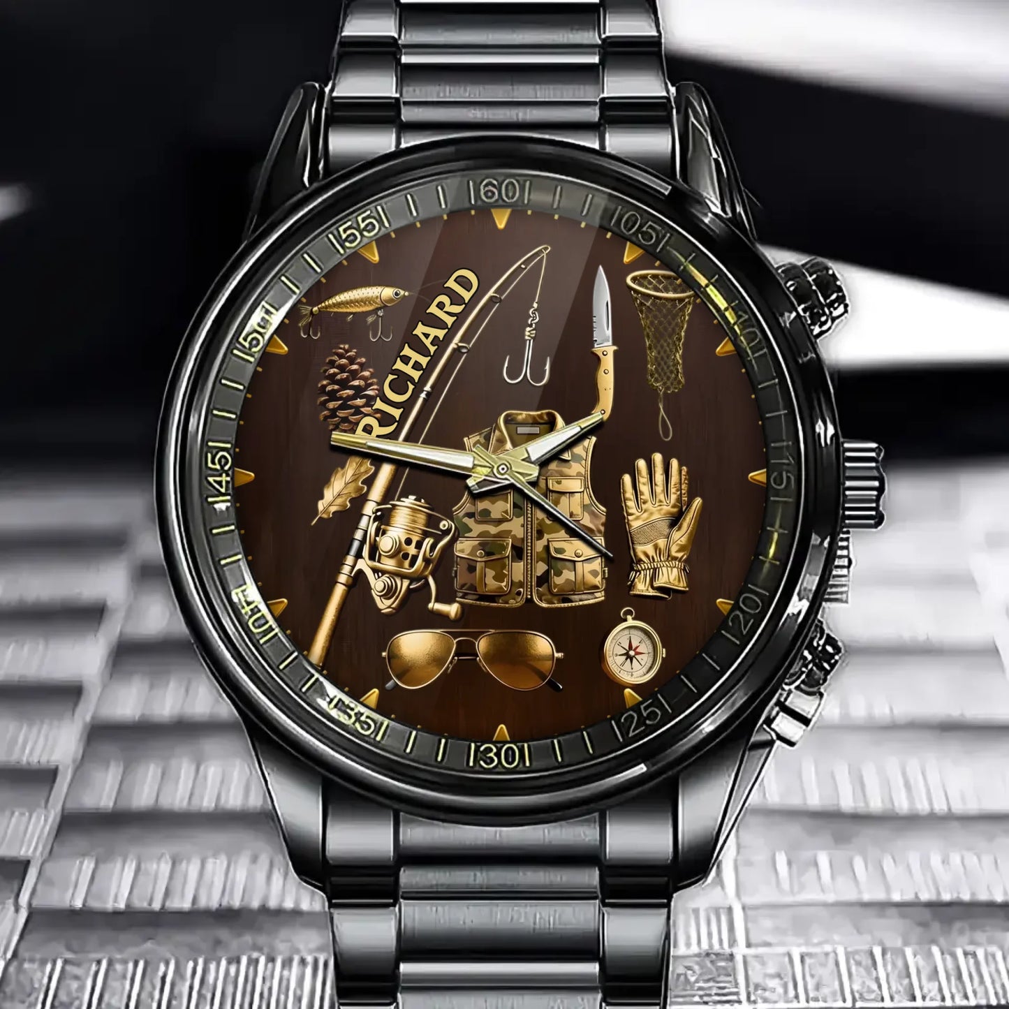 Personalized Fishing Enthusiast Watch - Outdoor Gear Dial with Custom Name Addition