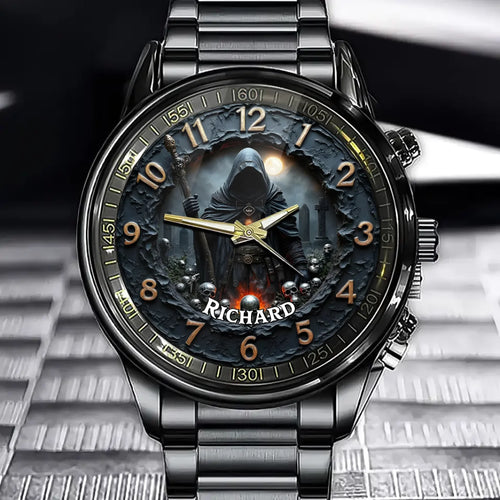 Personalized Gothic Occult Watch - Hooded Figure & Skull Design And Custom Name Personalization