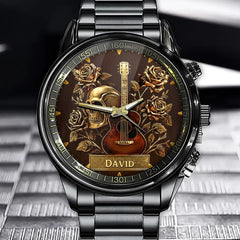 Personalized Guitar & Skull Themed Watch - Elegant Rose Accent Design with Custom Name Option