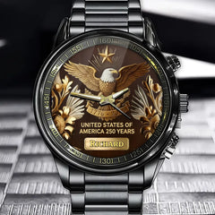 Personalized US 250th Anniversary  Watch - Bald Eagle, Star & Ornate Floral Design with Custom Name