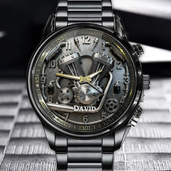 Personalized Twin-Cylinder Motorcycle Engine Watch - Gears & Pipes Themed Dial with Custom Name
