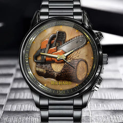Personalized Chainsaw And Wooden Watch – Rustic Woodworking Style With Customizable Name