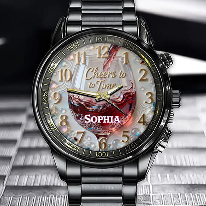 Personalized Wine Glass "Cheers to Time" Watch - Custom Name for Red Wine