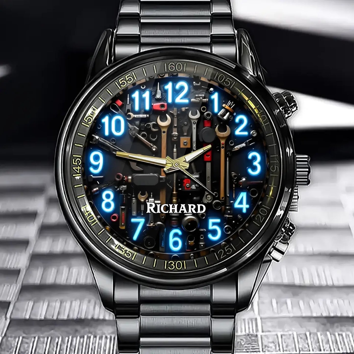 Personalized Tool Workshop Watch - Station & Glowing Number Theme with Custom Name