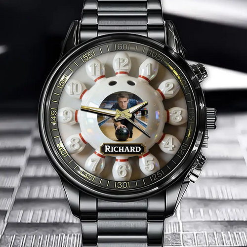 Personalized Bowling Sport Photo Watch - Custom Photo Upload Design with Custom Name